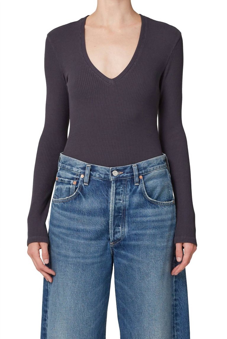 Florence V Neck Top In Charcoal - Charcoal