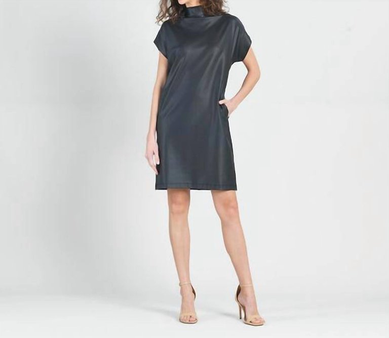 Liquid Leather Cap Sleeve High Neck Dress W/pockets In Black - Black