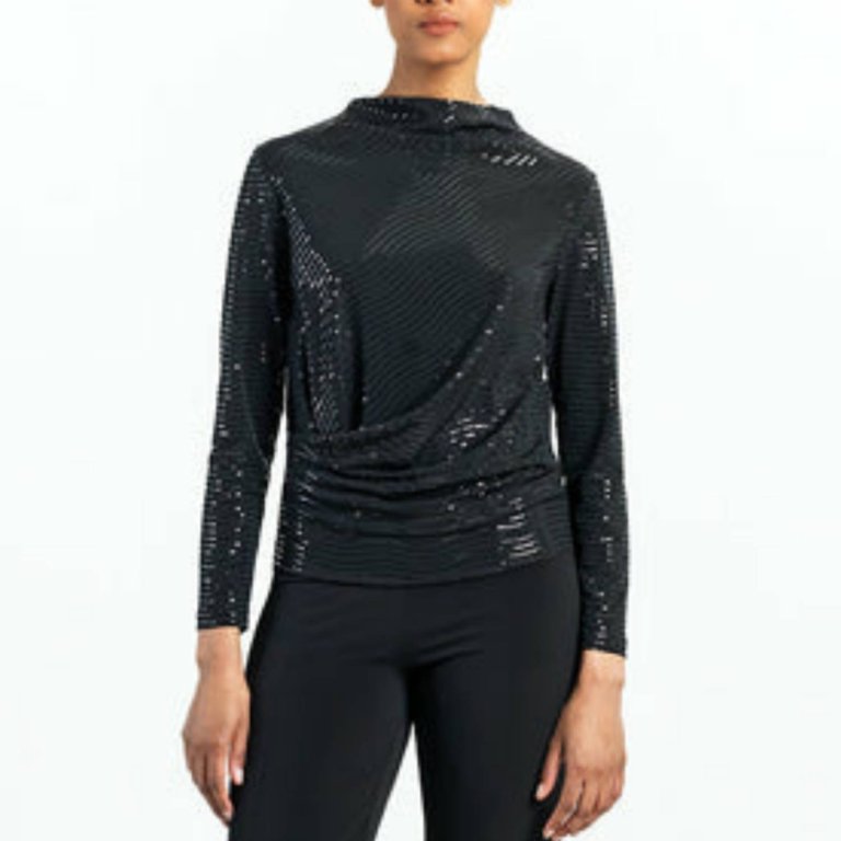 Shimmer Embellished - High Boat Neck Side Draped Top In Black - Black