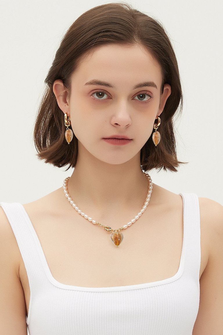 Esmée Amber Glaze Heart Pendant Pearl Necklace