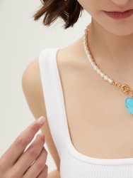 Esmée Aquamarine Glaze Heart Pendant Pearl Necklace