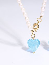 Esmée Aquamarine Glaze Heart Pendant Pearl Necklace