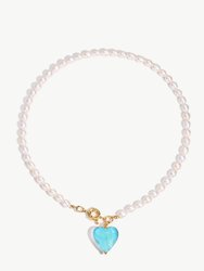 Esmée Aquamarine Glaze Heart Pendant Pearl Necklace - Aquamarine