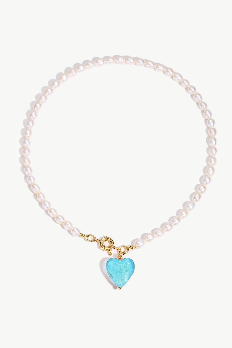 Esmée Aquamarine Glaze Heart Pendant Pearl Necklace - Aquamarine