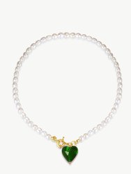 Esmée Green Glaze Heart Pendant Pearl Necklace - Green