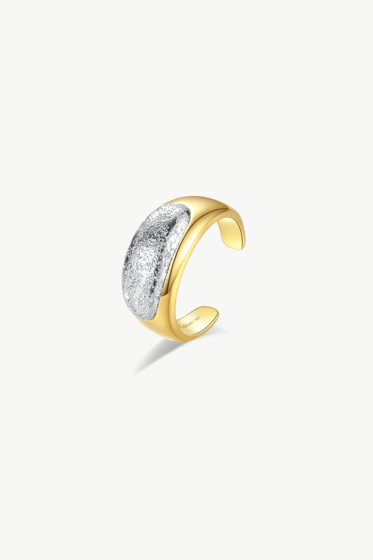 Frosted And Matted Texture Two Tone Ring - Yellow Gold/White Gold