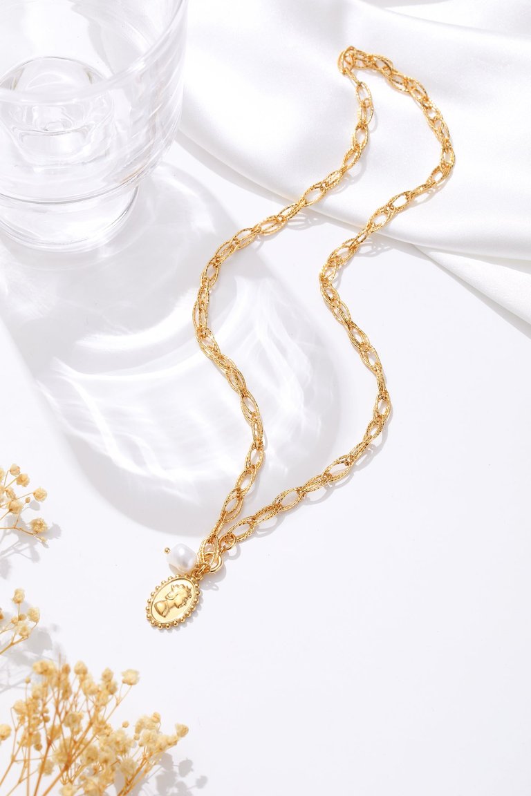 Gold Carved Pendant And Pearl Necklace