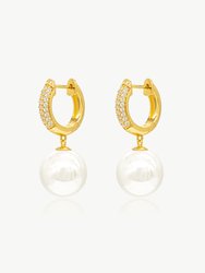 Gold Pave Huggie Hoop Solitaire Pearl Drop Earrings - Gold