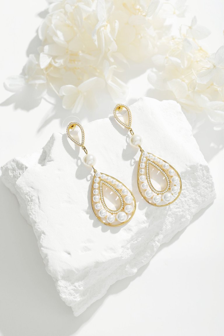 Gold Pearl Hollow Teardrop Dangle Earrings