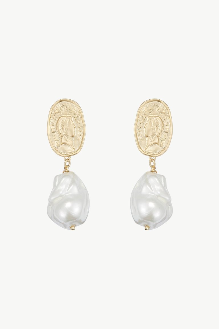 Matted Gold Sculpted Oversized Baroque Pearl Drop Earrings - Gold