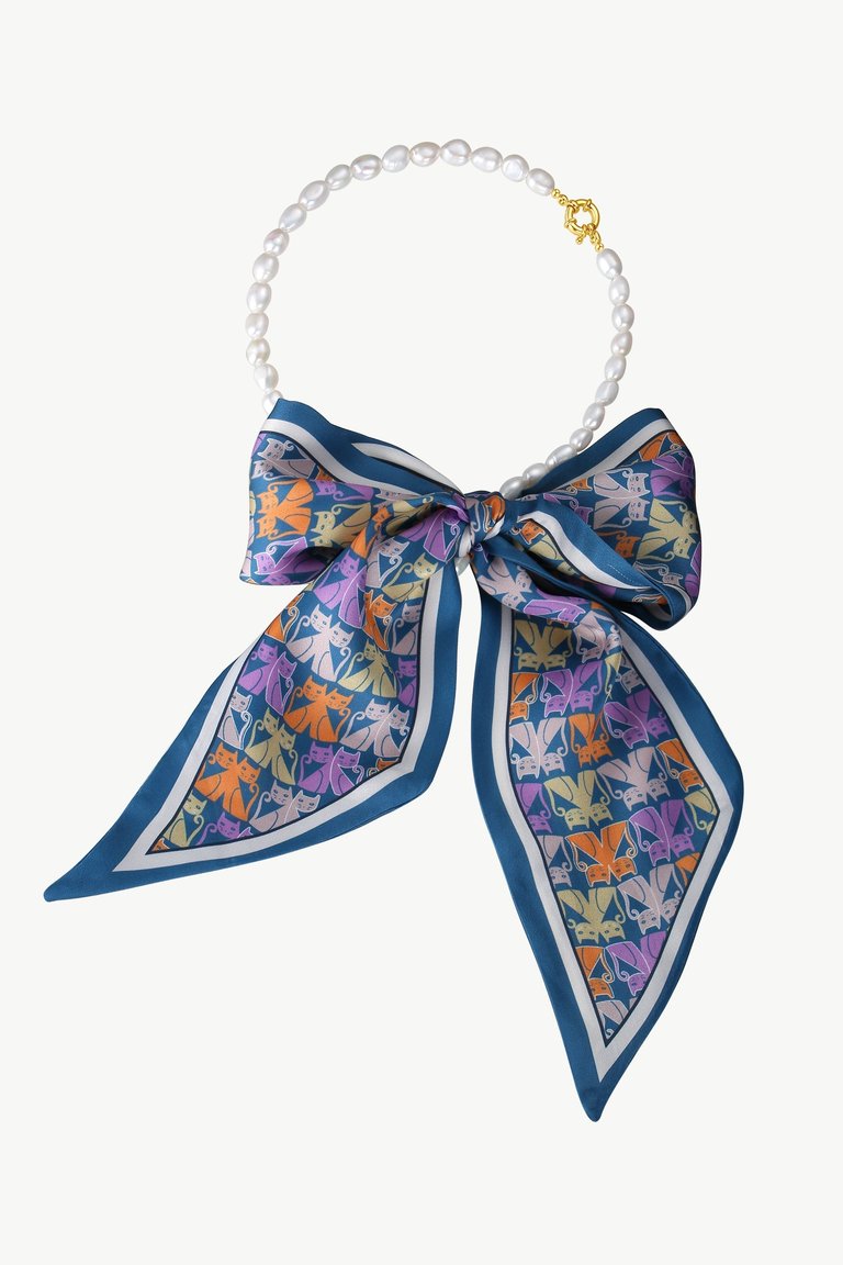 Mera Baroque Pearl Necklace & Silk Scarf Set-Blue - Blue