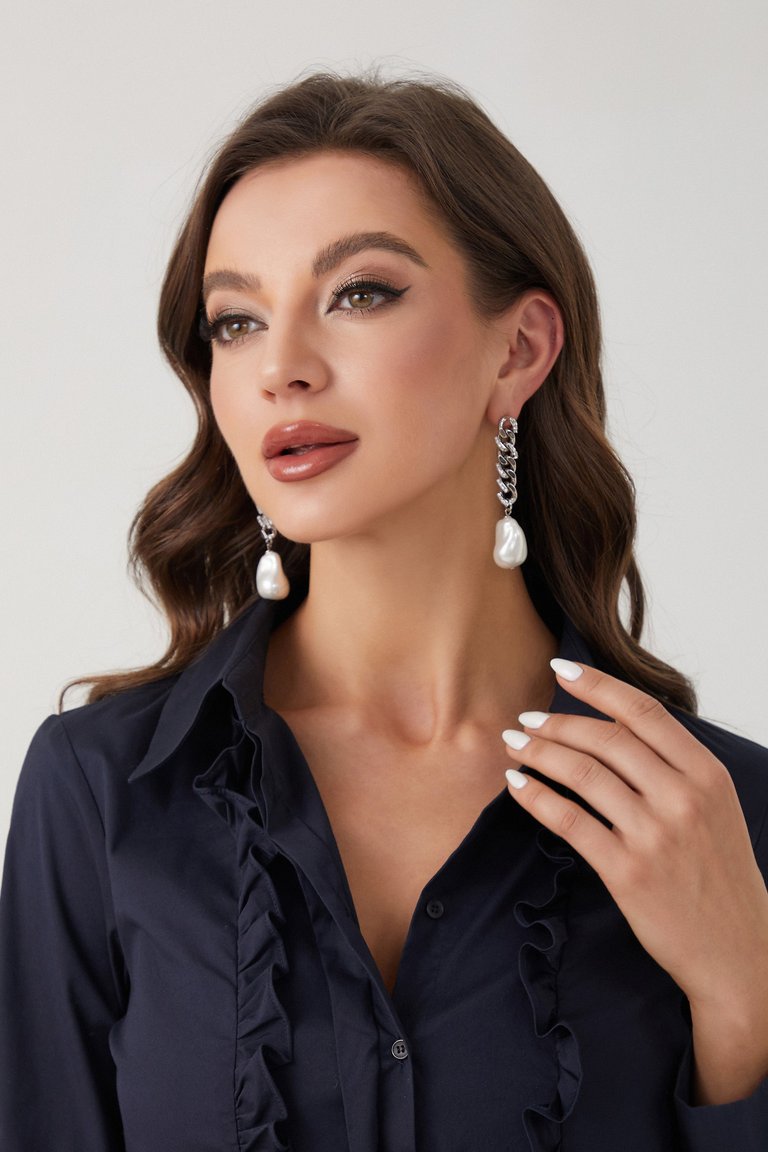 Silver Chain Baroque Pearl Drop Earrings