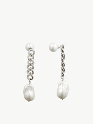 Silver Chain Baroque Pearl Drop Earrings - Silver