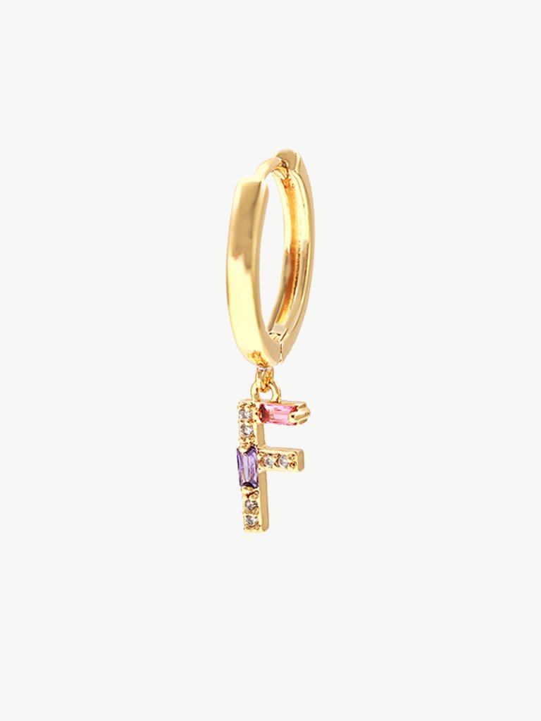 Single Gold Pavé Initial Charm Drop Huggie Hoop Earring - Gold