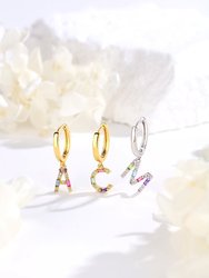 Single Gold Pavé Initial Charm Drop Huggie Hoop Earring