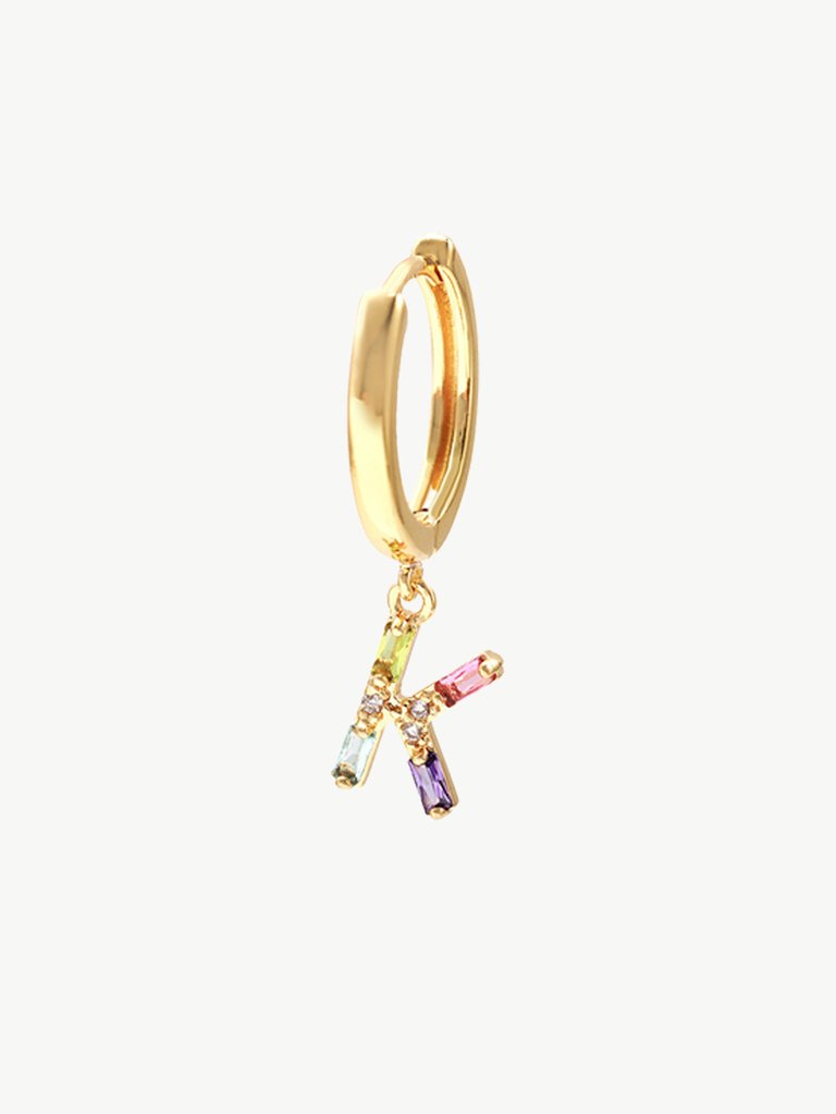 Single Gold Pavé Initial Charm Drop Huggie Hoop Earring - Gold