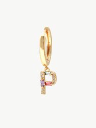 Single Gold Pavé Initial Charm Drop Huggie Hoop Earring - Gold