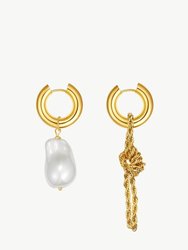 Unique Asymmetrical Gold Rope Chain Baroque Pearl Drop Earrings - Gold