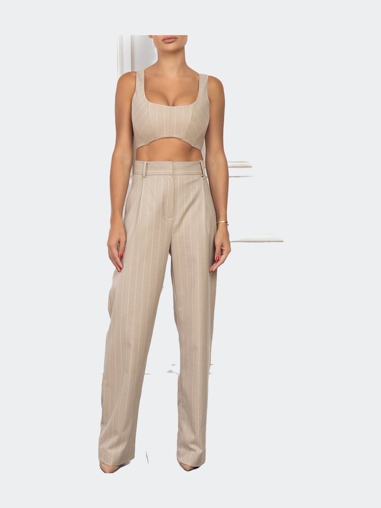 Beige Pinstripe Corset Crop Top - Beige