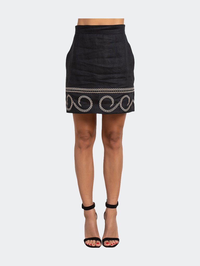 Linen Embroidered Mini Skirt - Black - Black