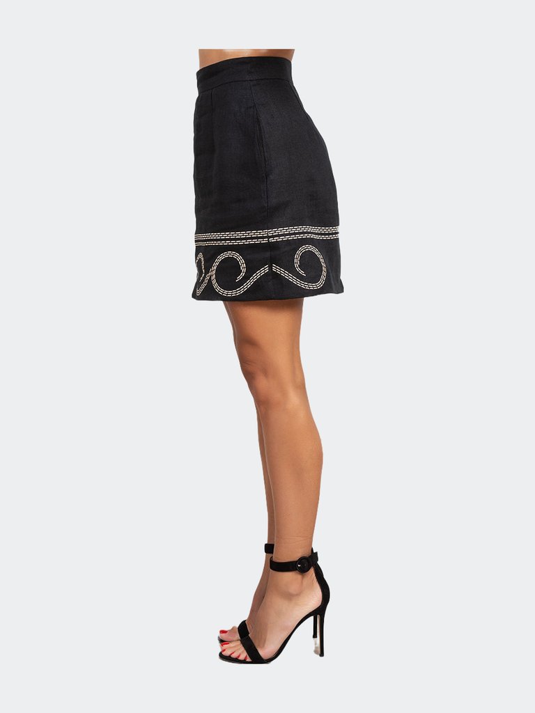 Linen Embroidered Mini Skirt - Black