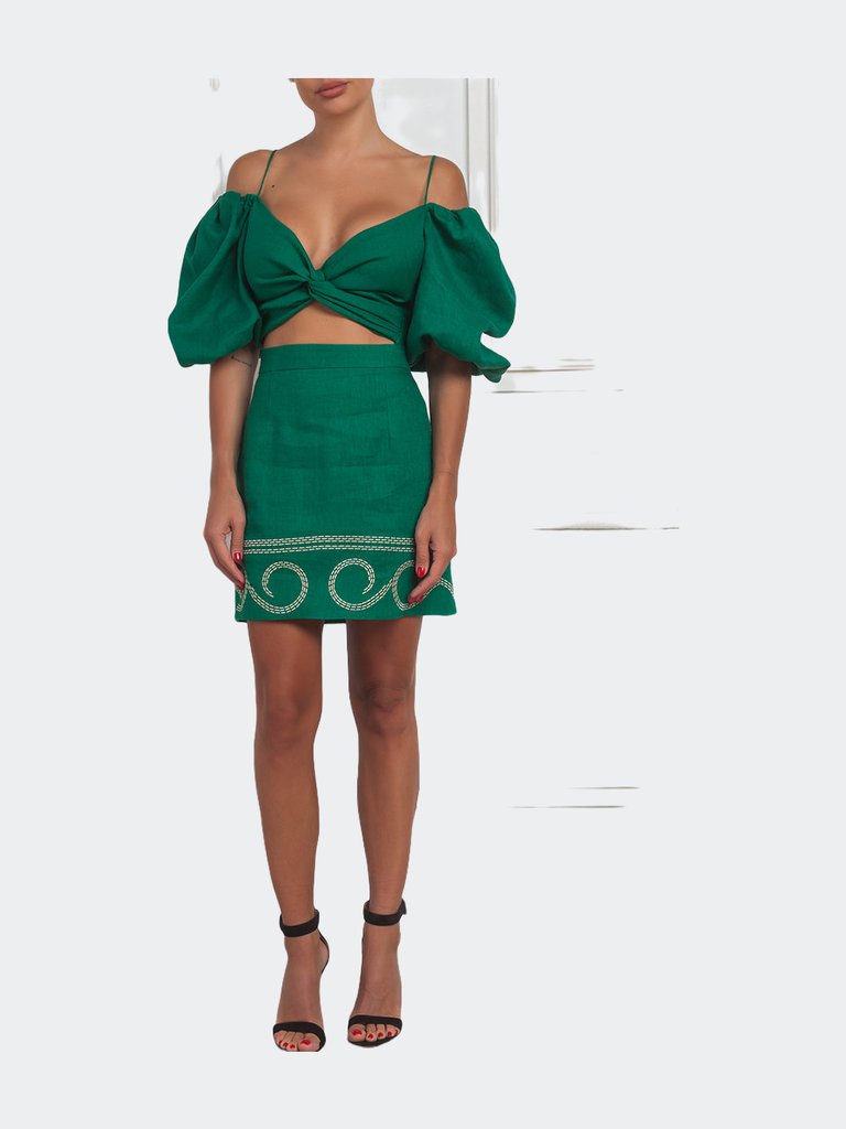 Linen Embroidered Mini Skirt - Green - Green