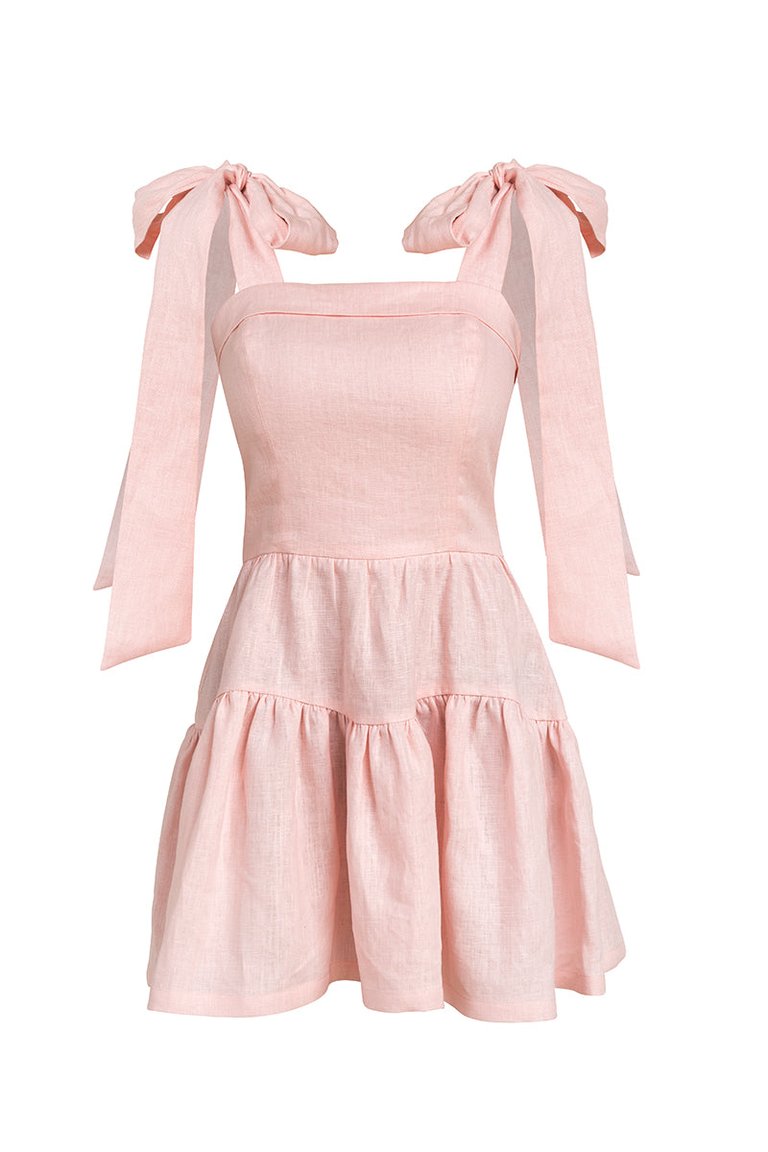 Linen Frill Tie Shoulder Mini Dress - Pink - Pink