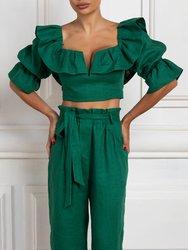 Linen Off Shoulder Frill Crop Top - Green