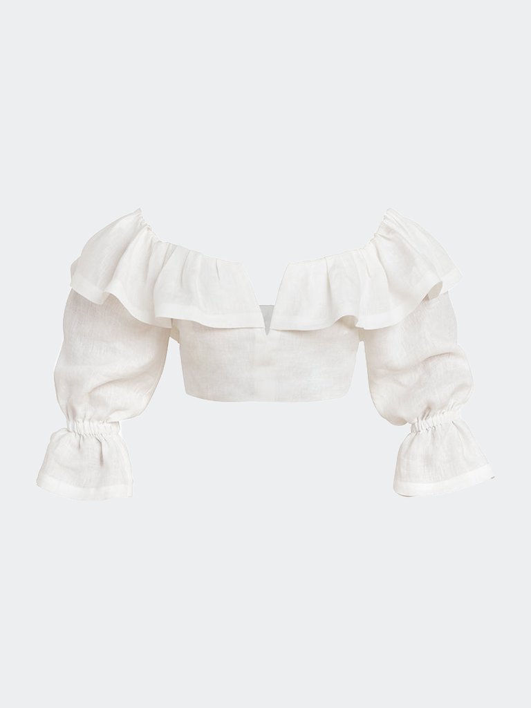 Linen Off Shoulder Frill Crop Top - White - White