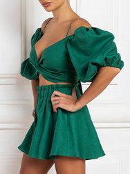 Linen Wrap Front Tie Puff Sleeve Top In Green