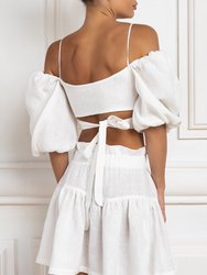 Linen Wrap Front Tie Puff Sleeve Top In White