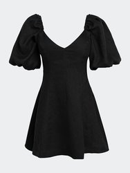 Puff Sleeve Linen Dress - Black - Black