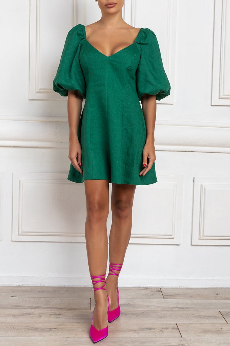 Puff Sleeve Linen Dress - Green