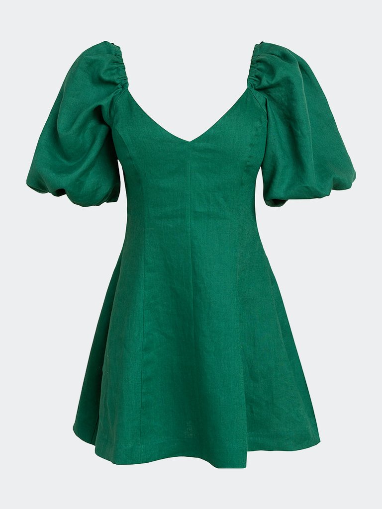 Puff Sleeve Linen Dress - Green - Green