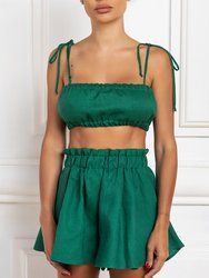 Spaghetti Strap Rushed Linen Crop Top - Green