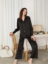 Lace Trimmed Silk Satin Pajama Set - Black - Black