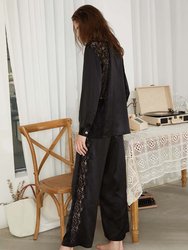 Lace Trimmed Silk Satin Pajama Set - Black