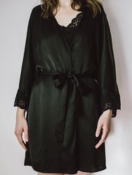 Lace-Trimmed Silk Satin Robe - Black - Black