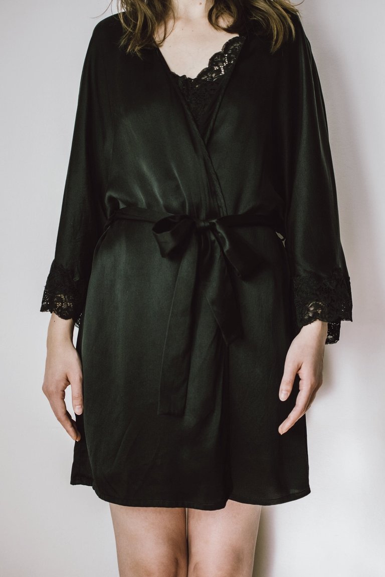 Lace-Trimmed Silk Satin Robe - Black - Black