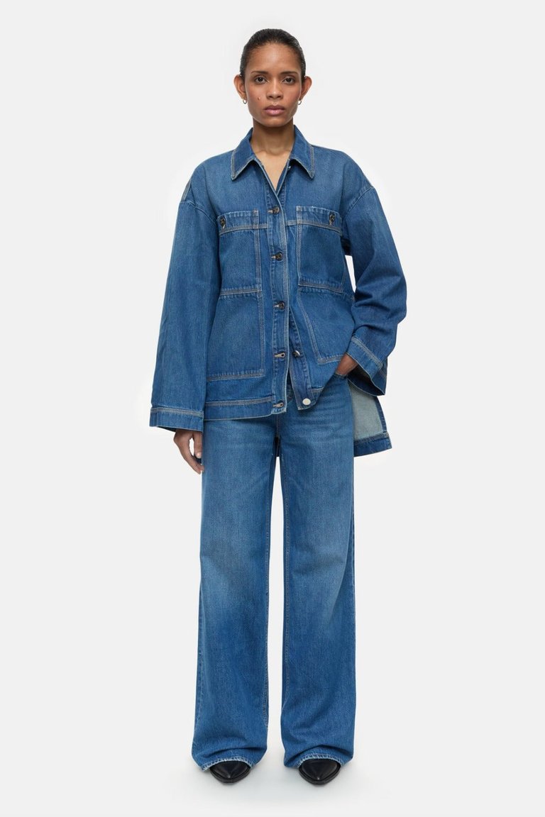 Denim Overshirt With Sidelong Straps Mid Blue - Mid Blue