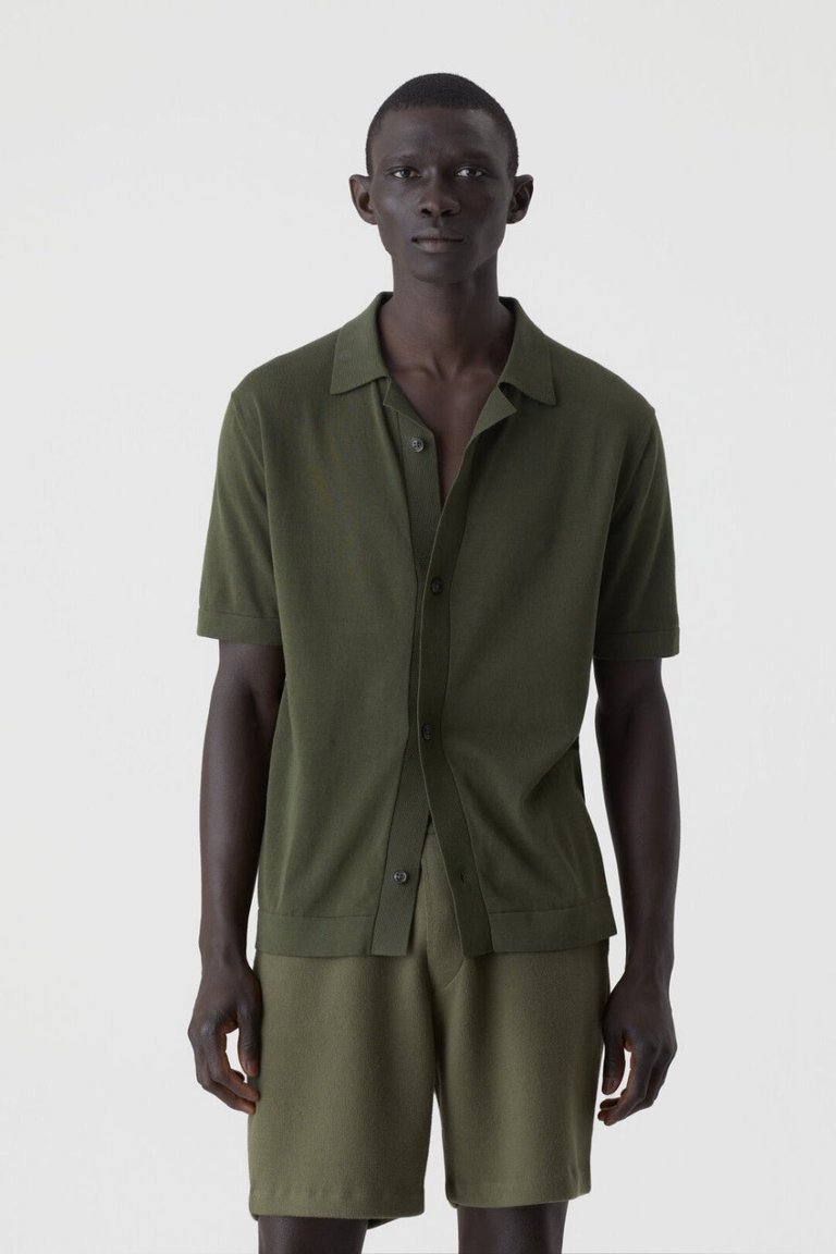Short Sleeve Polo Style Cardigan - Chard Green