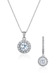 5A Cubic Zirconia Round Necklace And Halo Drop Earrings Set - Silver