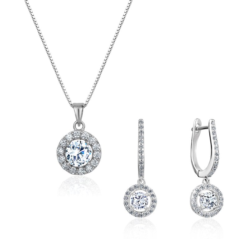 5A Cubic Zirconia Round Necklace And Halo Drop Earrings Set - Silver