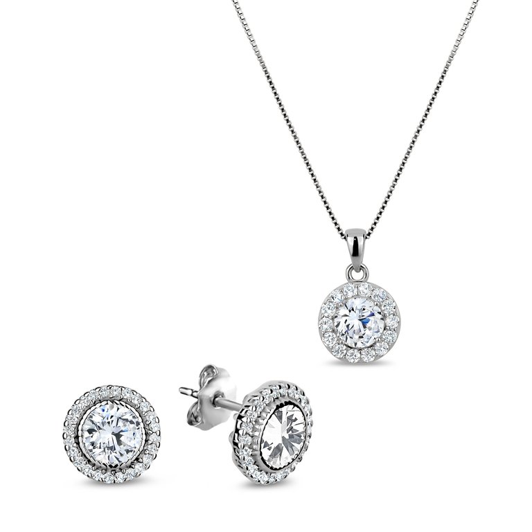 5A Cubic Zirconia Round Pendant Necklace And Earrings Set - Silver