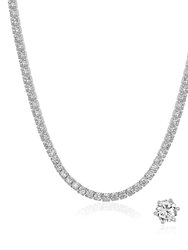 Cubic Zirconia Tennis Necklace And 7mm Stud Earrings Set (Rhodium) - Silver