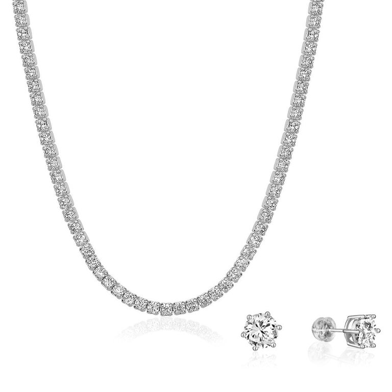 Cubic Zirconia Tennis Necklace And 7mm Stud Earrings Set (Rhodium) - Silver