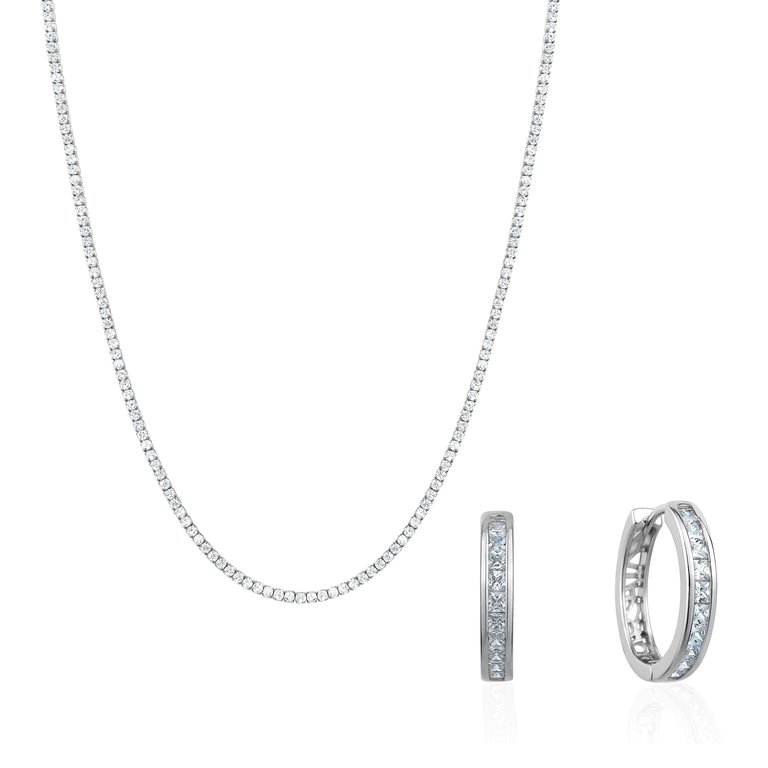 Cubic Zirconia Vintage Necklace And Loop Earrings Set - Silver