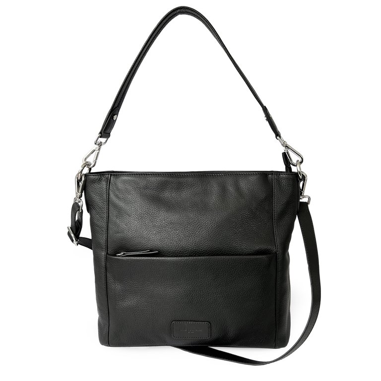 Ladies Large Leather Multi Zip Pocket Hobo Shoulder Bag - Black