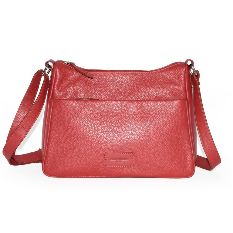 Ladies Leather Medium Multi Zip Crossbody Bag - Red