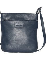 Ladies Leather Top Zipper Crossbody Bag - Navy